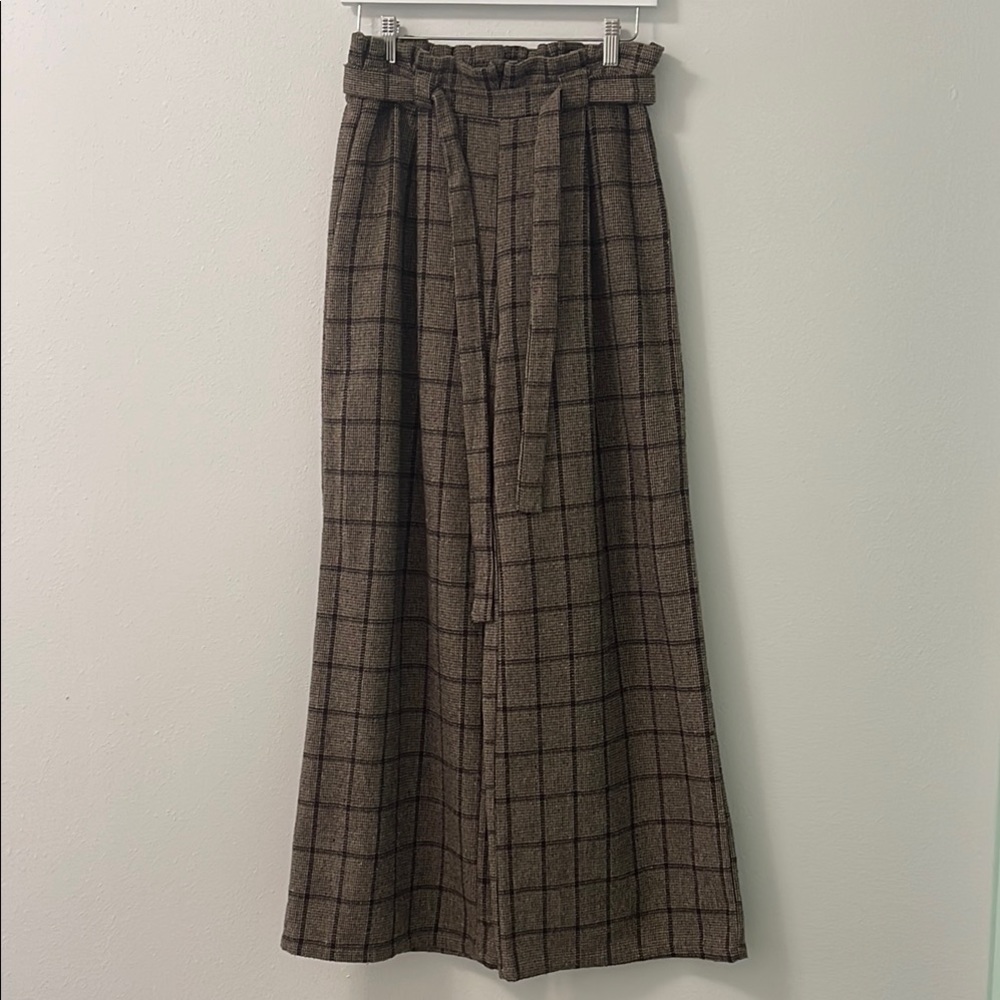 Brown Plaid Wide-Leg Pants
